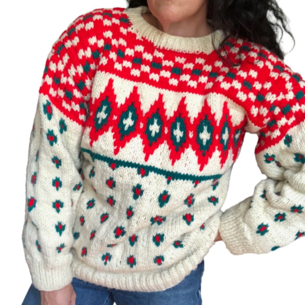 Vtg Hand Knit Christmas Nordic Southwestern Aztec Fisherman Grandpa Wool Sweater